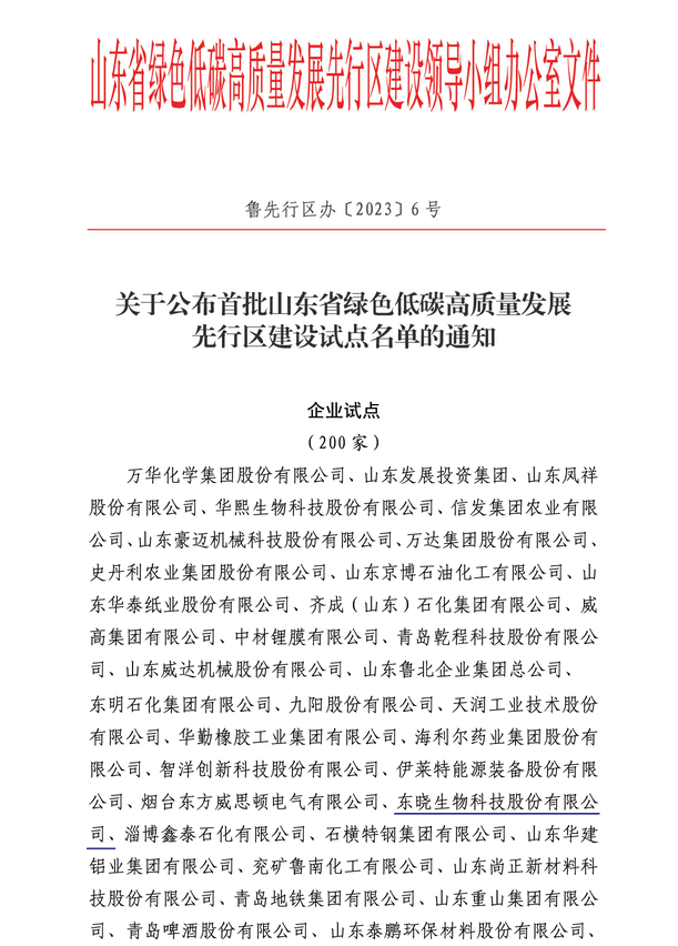喜报！东晓生物成功入选山东省绿色低碳高质量发展先行区建设企业试点！